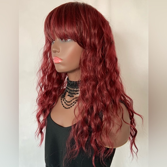 A Pretty Plum Burgundy Premium Fiber Wig with Bangs for Daily Wear or Cosplay - Picture 6 of 7